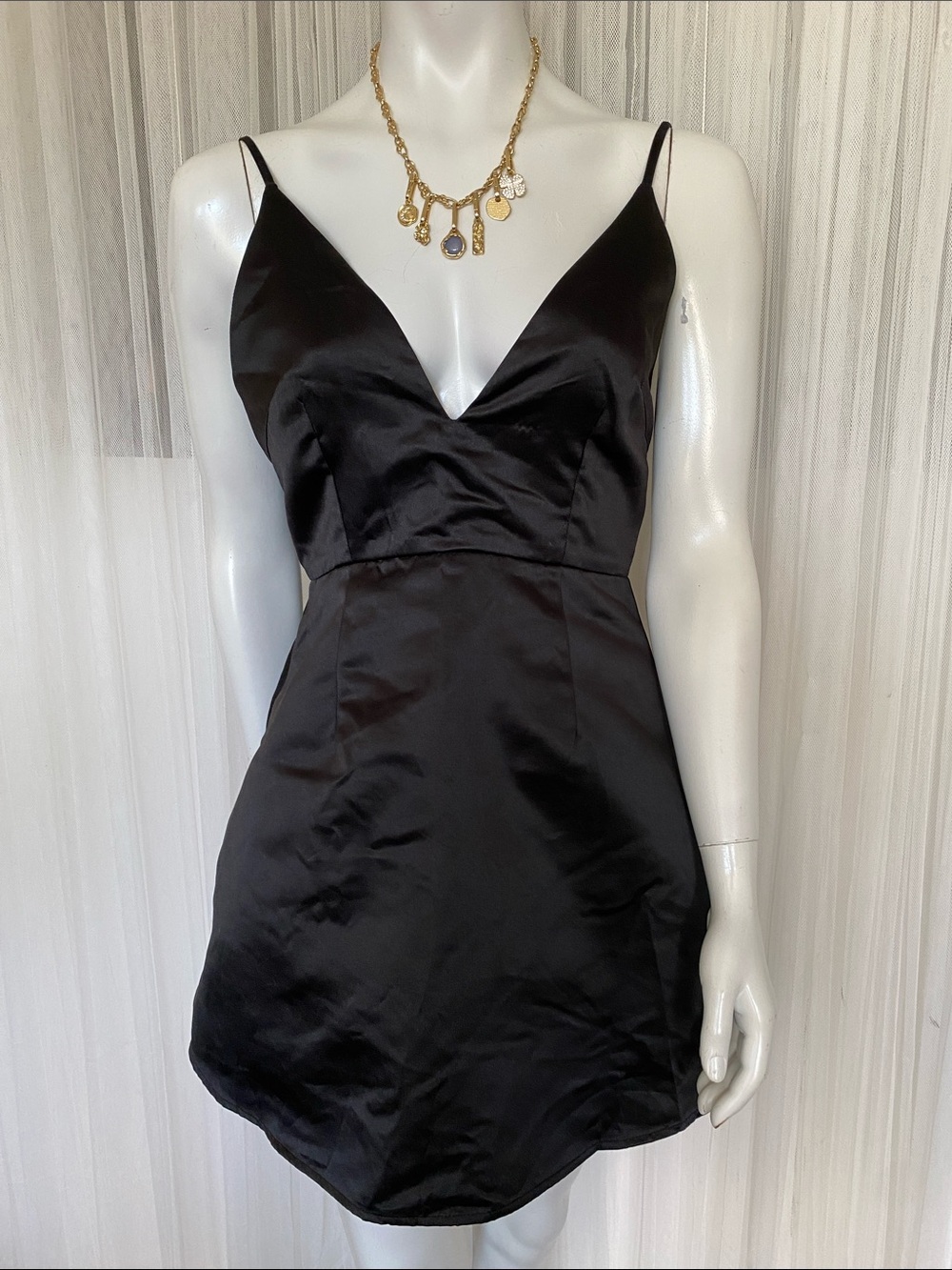 Showpo Satin V-Neck Black Mini A-Line Dress Size 10